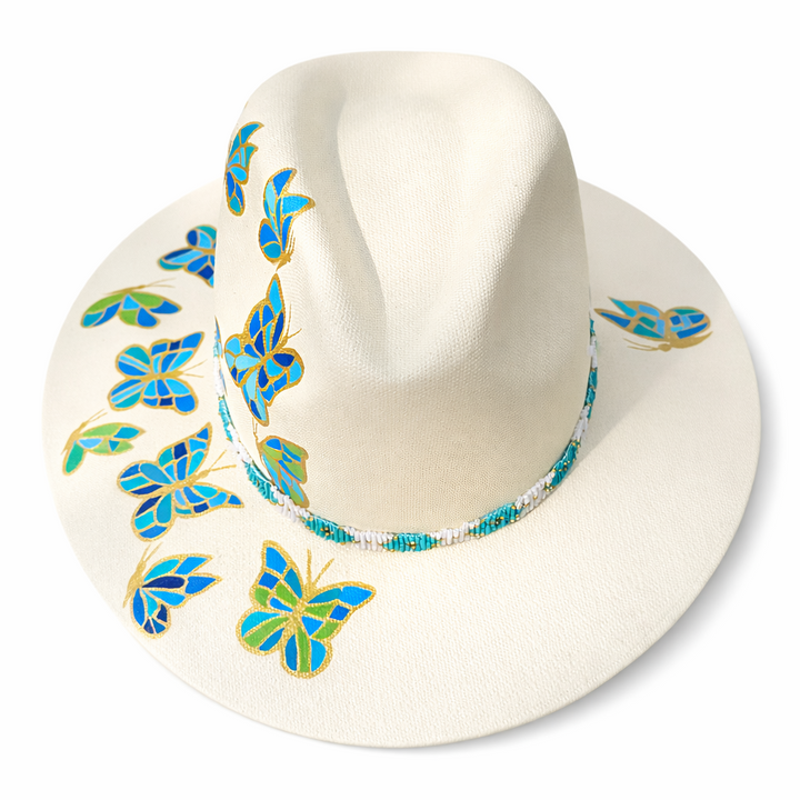 Butterflies Hand Painted Fedora Hat with Huichol Band