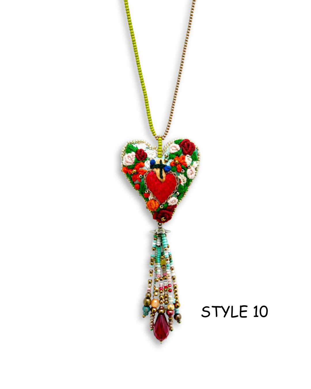 Mexican sacred heart pendant necklace with red beaded strand and artisan floral embroidery on white background