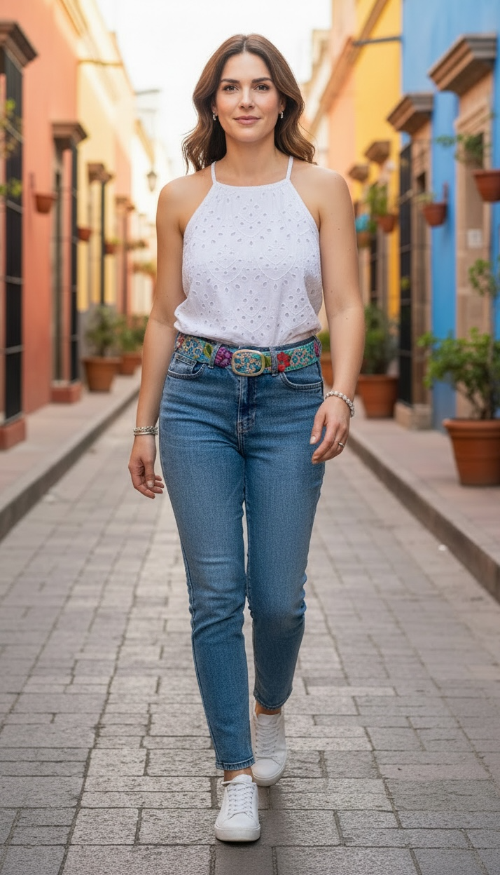 Peruvian Embroidered Wool Belt in Turquoise Floral Design