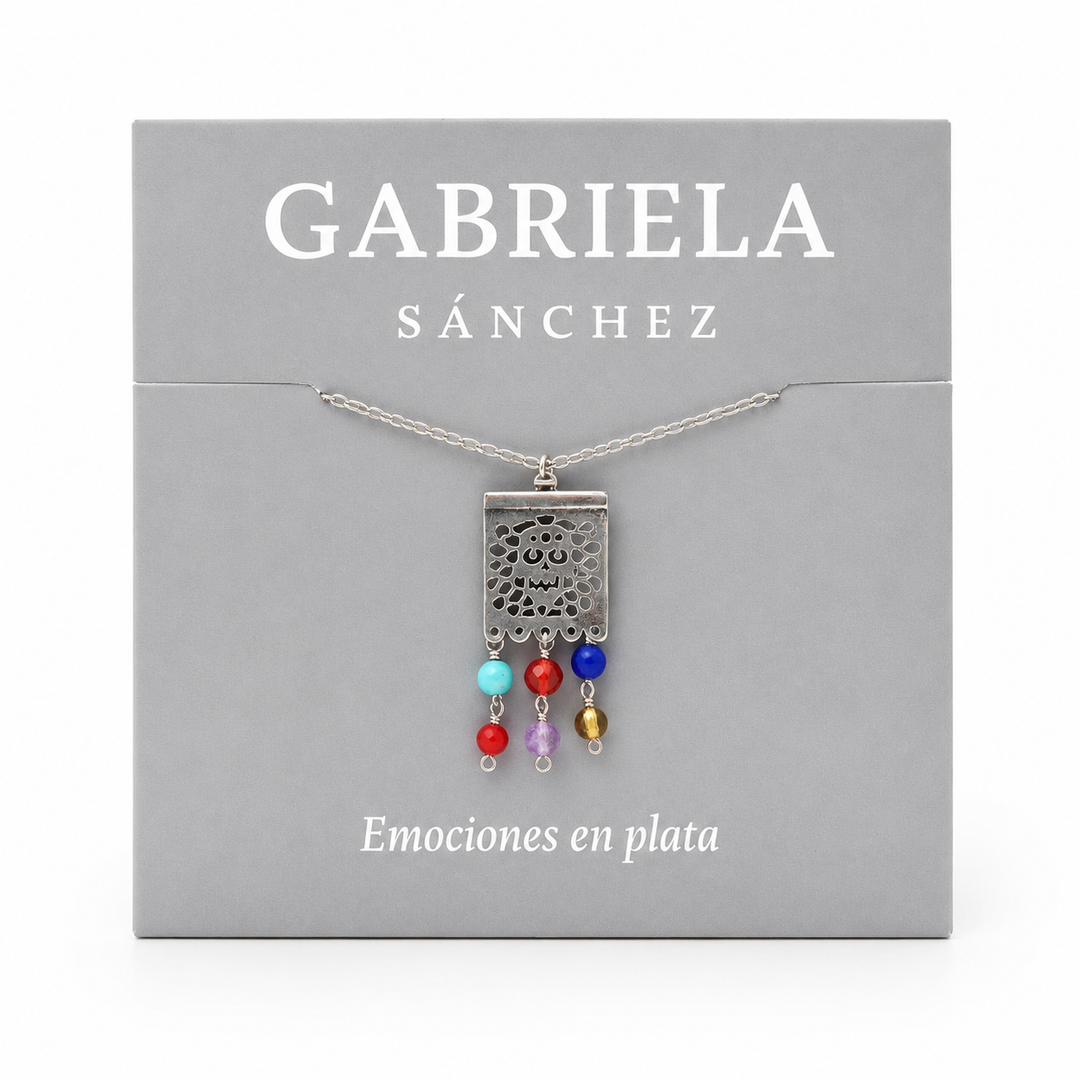 Mexican silver papel picado calaca necklace with colorful stone accents