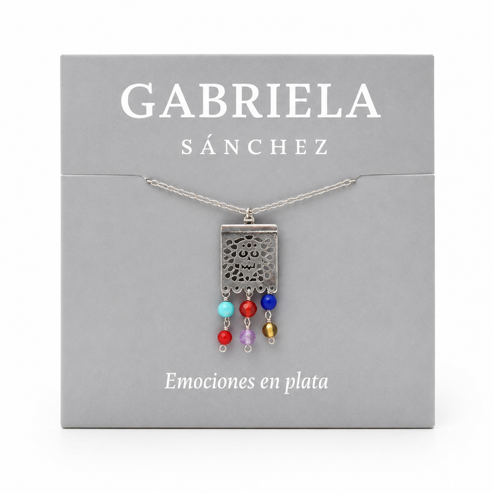 Mexican silver papel picado calaca necklace with colorful stone accents