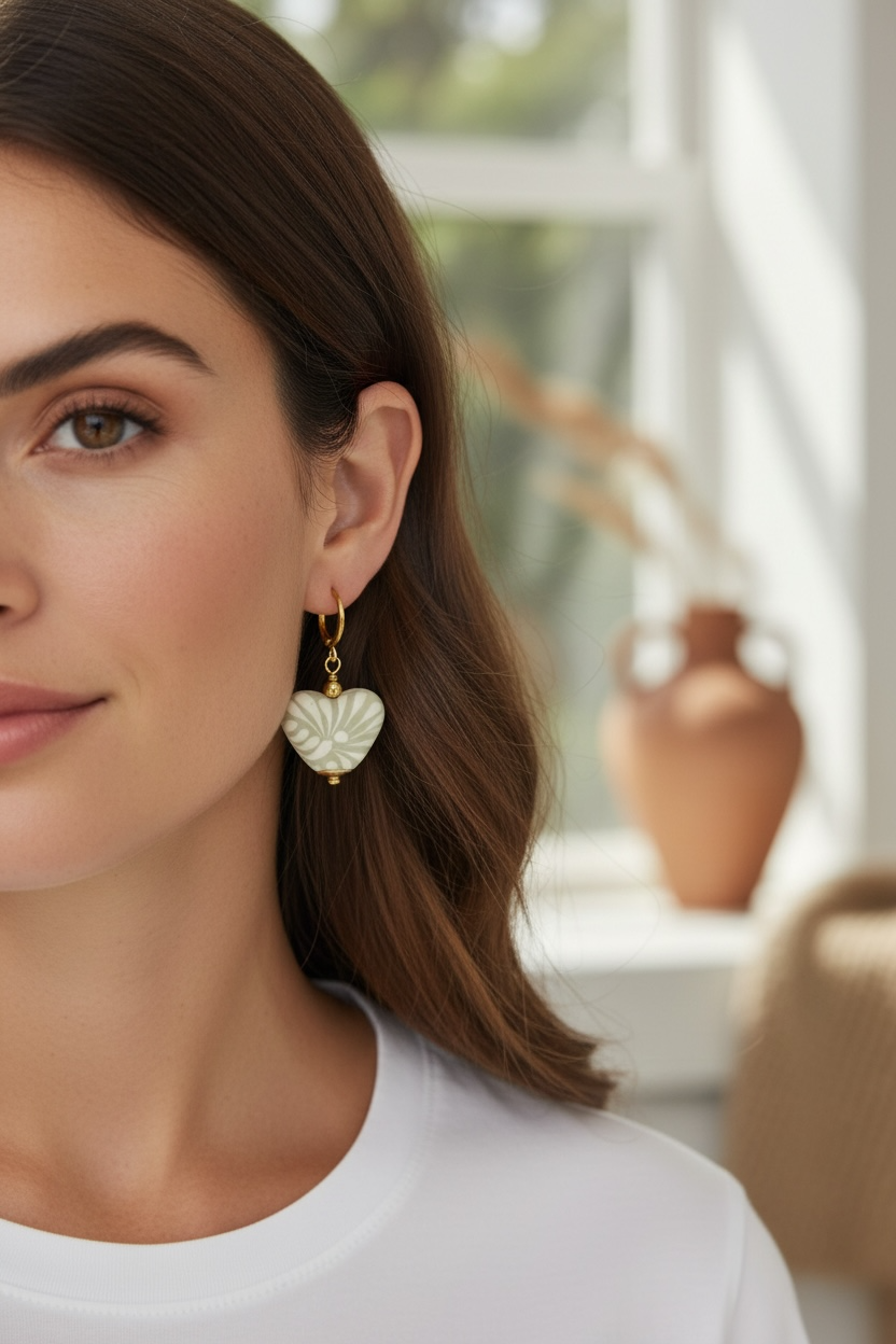Gray Talavera Heart Earrings Gold Hoop