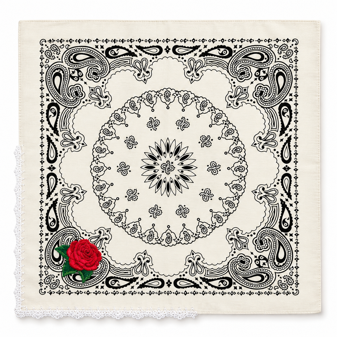 Embroidered Cotton Bandana Blue Paisley Red Rose Crochet Trim Scarf