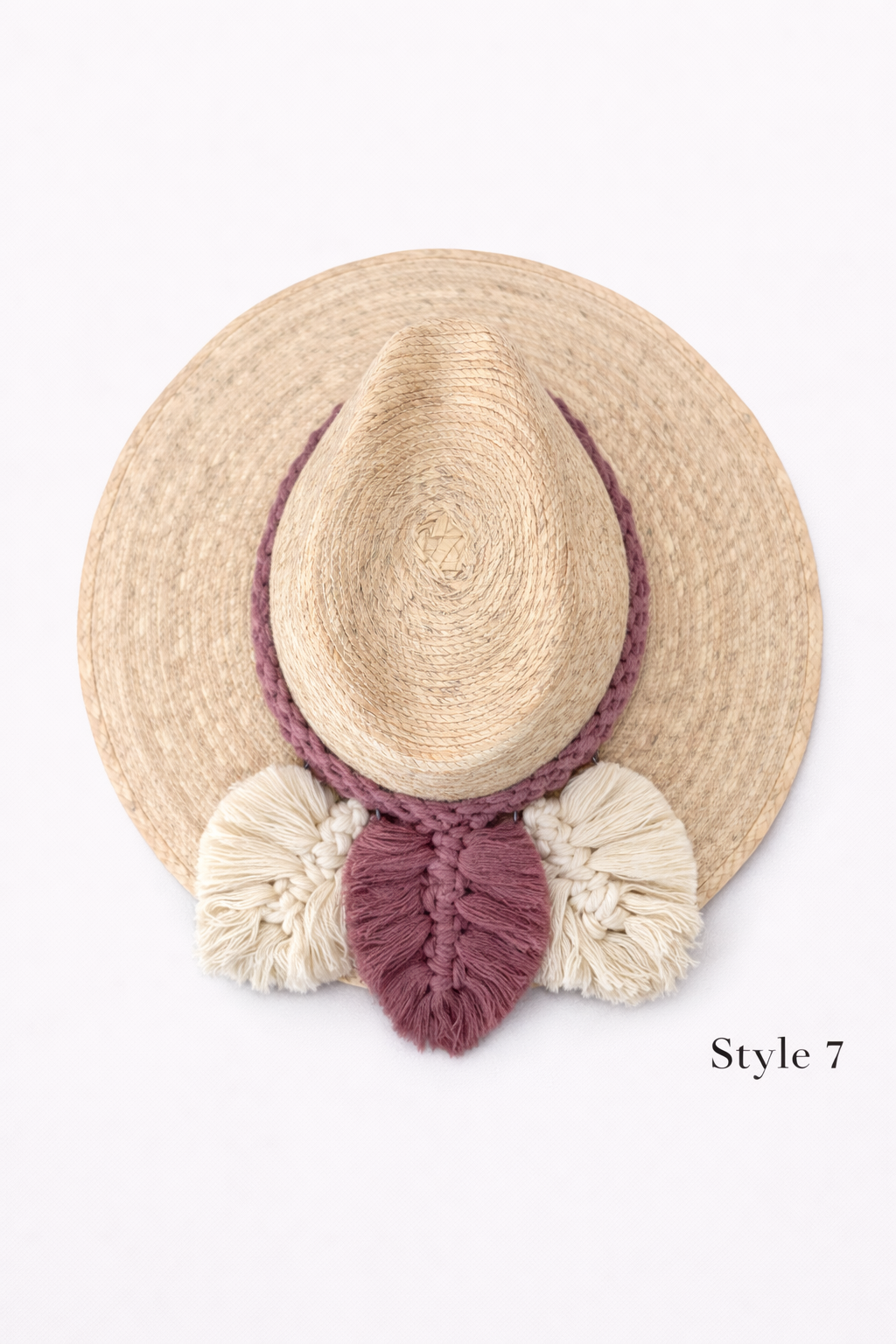 Bohemian wide brim straw hat with macrame tassel decoration, handmade summer hat by Bootsologie on white background