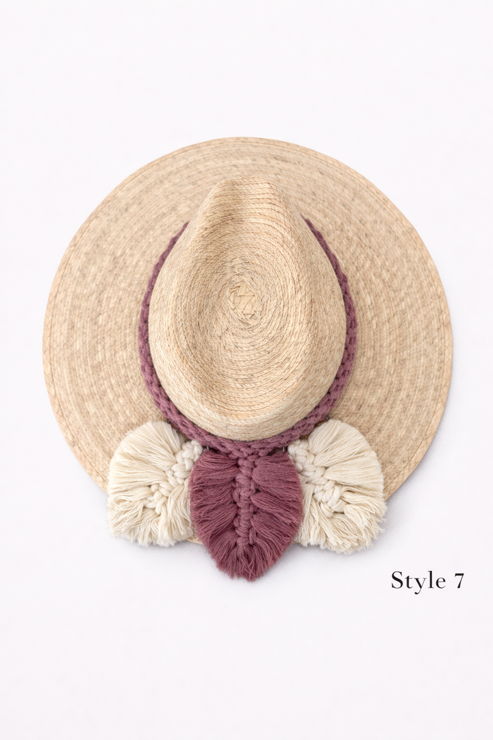 Bohemian wide brim straw hat with macrame tassel decoration, handmade summer hat by Bootsologie on white background