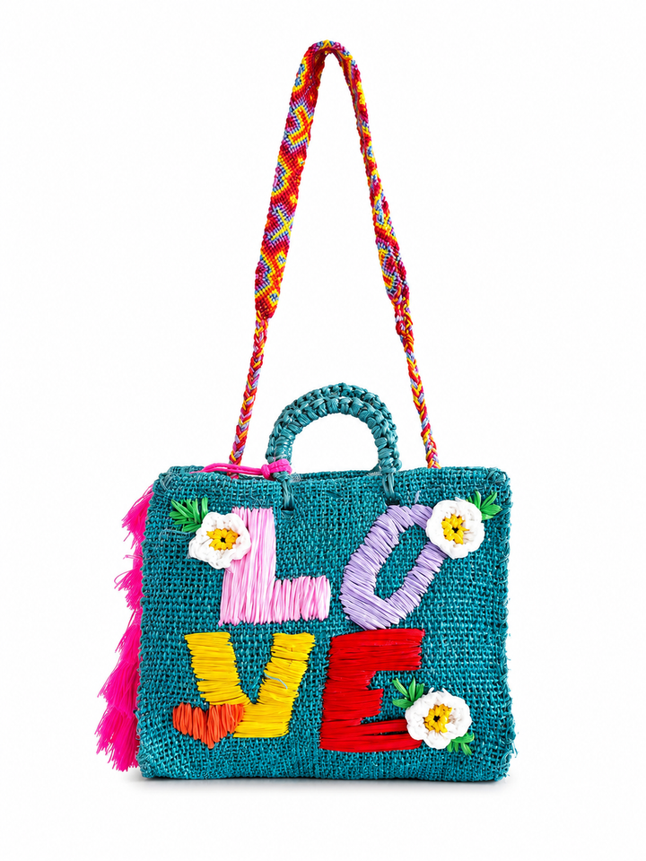 Teal handmade Mexican LOVE tote bag with colorful embroidery, pink tassel and woven shoulder strap