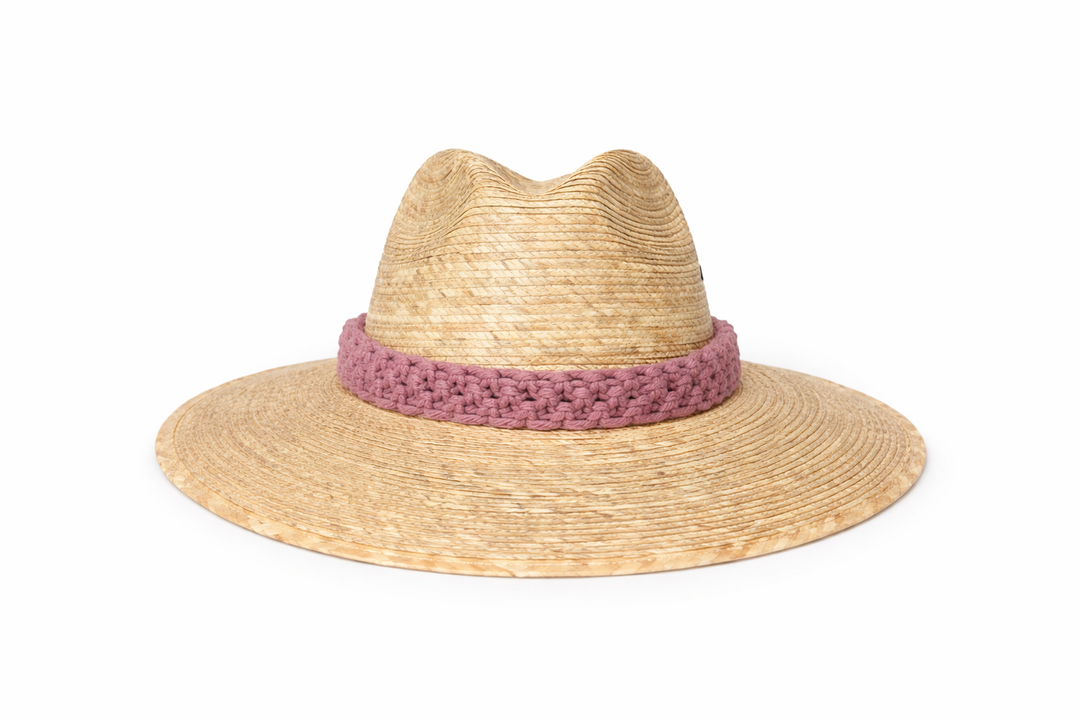 Natural straw sun hat with artisan macrame band detail, stylish vacation hat for women by Bootsologie on white