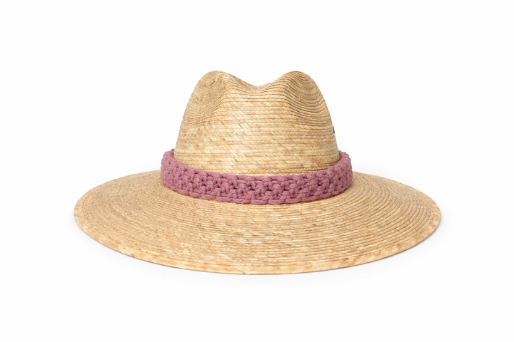 Natural straw sun hat with artisan macrame band detail, stylish vacation hat for women by Bootsologie on white