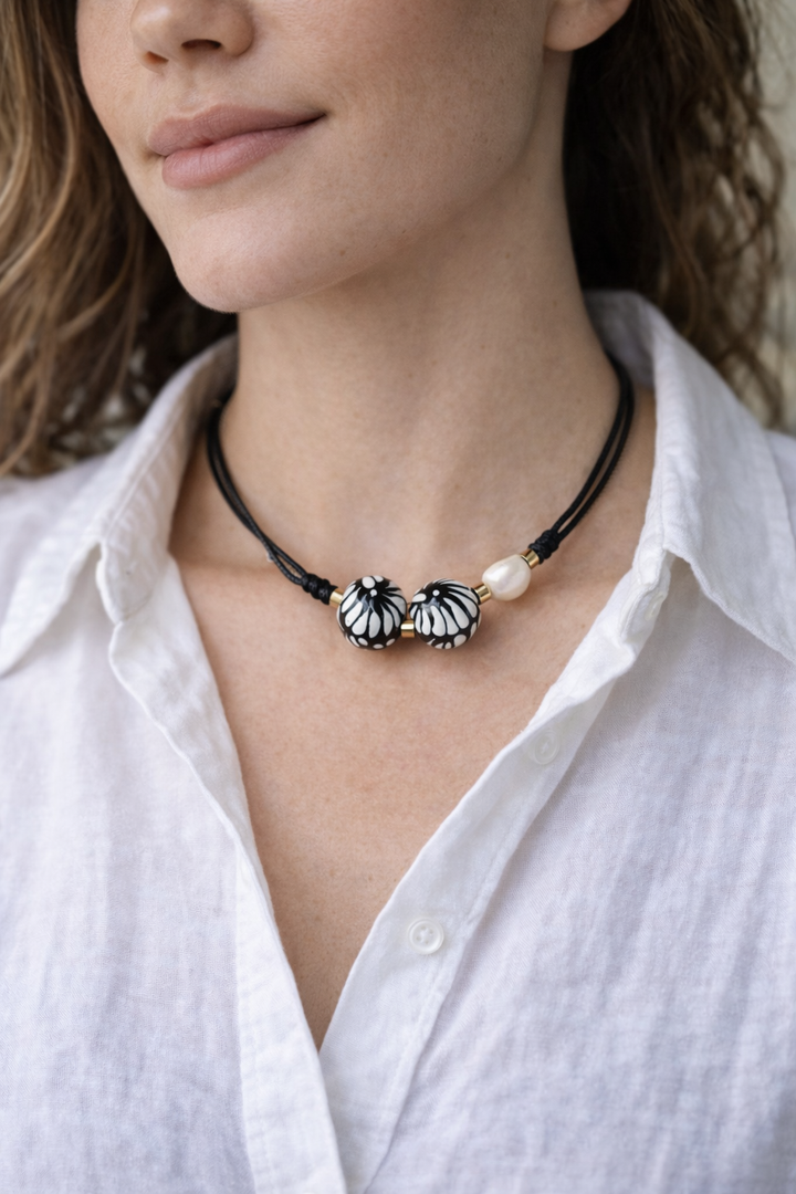 Black Talavera Necklace with Freshwater Pearl
