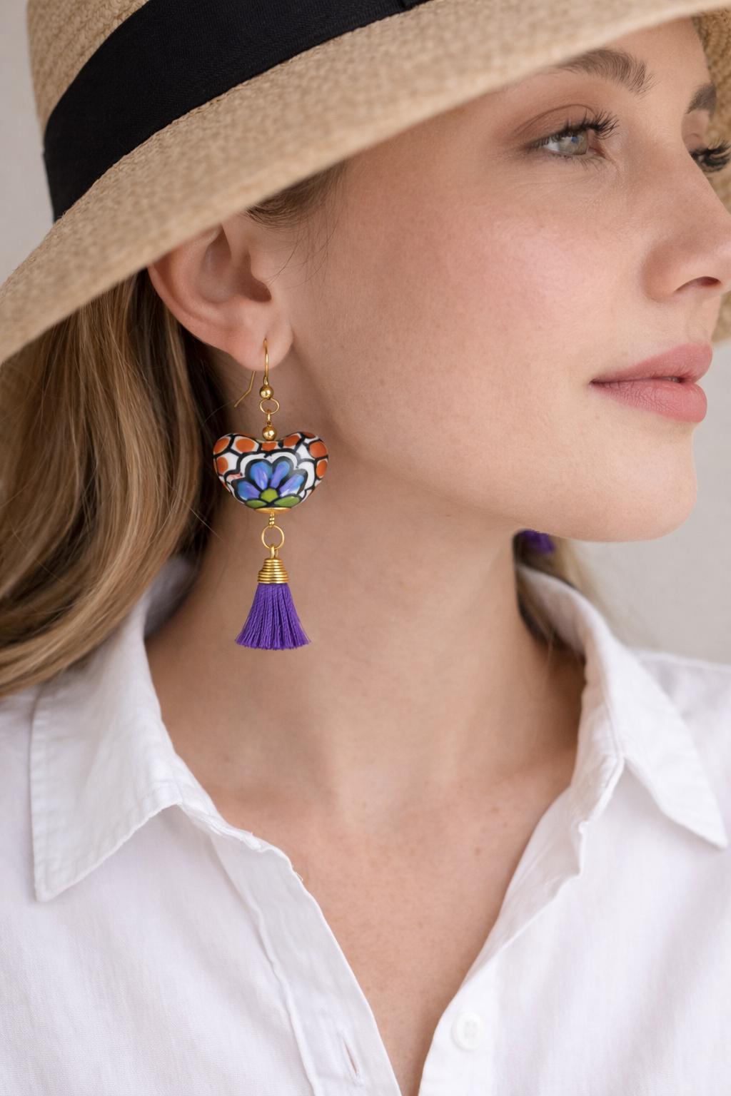 Talavera Pottery Heart Earrings with Colorful Tassels