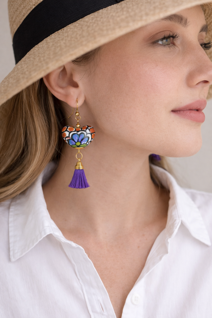 Talavera Pottery Heart Earrings with Colorful Tassels