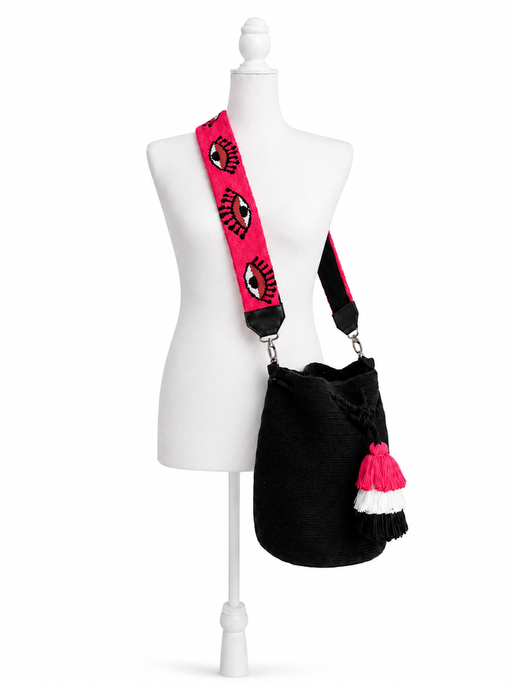 Black Wayuu Mochila Bag with Eye Motif Strap