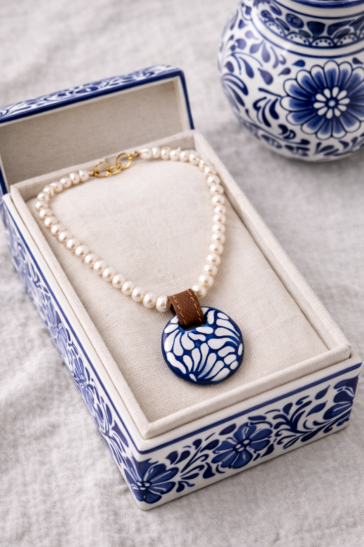 Talavera Pottery Pearl Necklace with Genuine Leather Accents