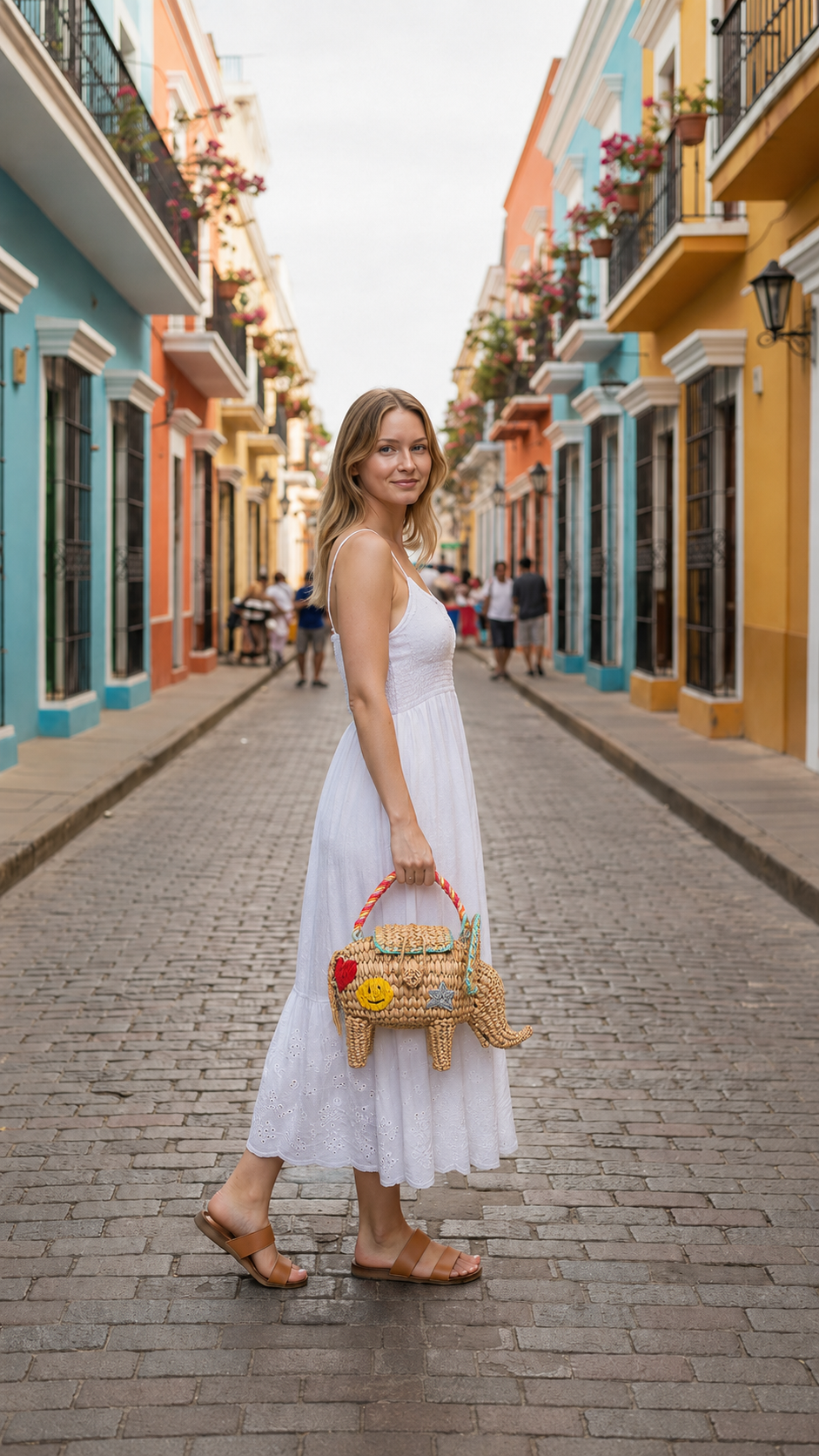 Woman wearing a one of a kind woven elephant purse with braided handle and novelty handcrafted silhouette.