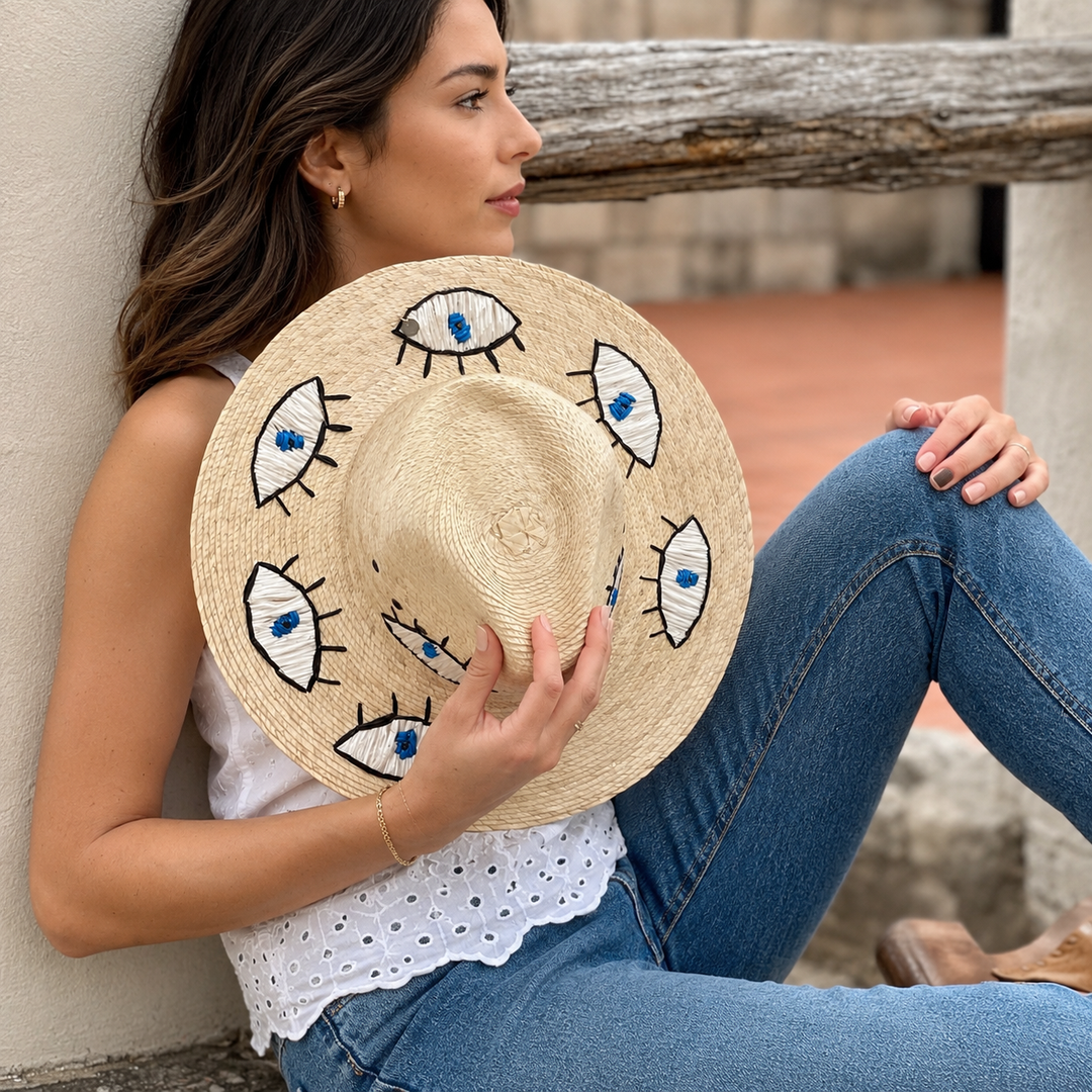 Handmade Eye Motif Straw Hat | Mexican Wide Brim Sun Hat