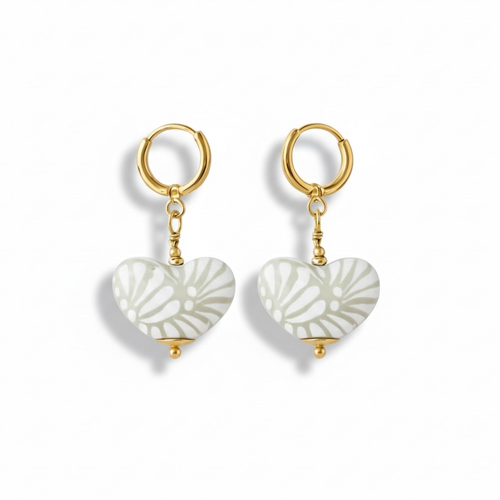 Gray Talavera Heart Earrings Gold Hoop
