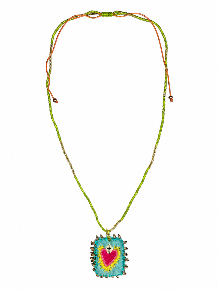Hand Embroidered Sacred Heart Necklace – Mexican Milagros Artisan Jewelry