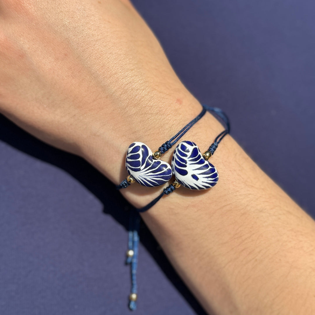 Handmade Talavera Heart Shaped Bracelet in Silky Blue Cord from Puebla, Mexico.
