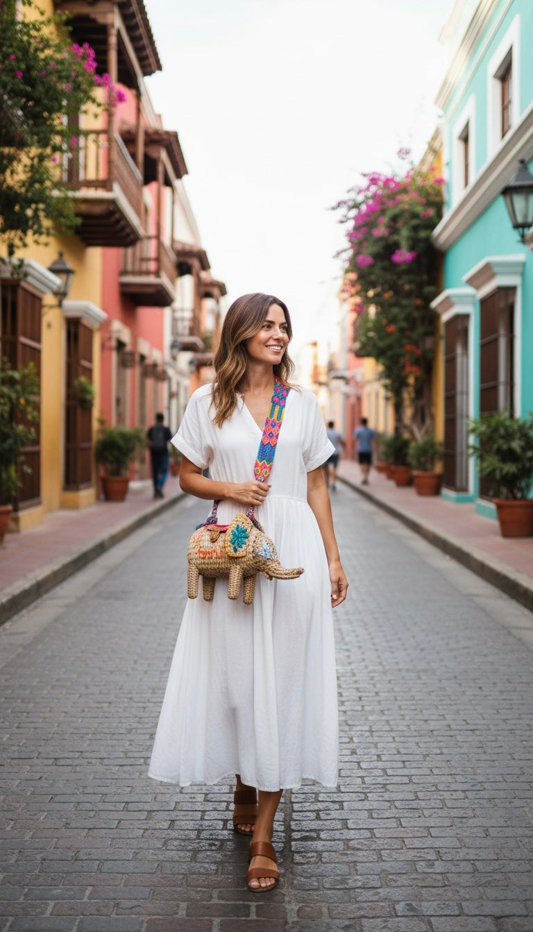 Embroidered Elephant Straw Crossbody Bag