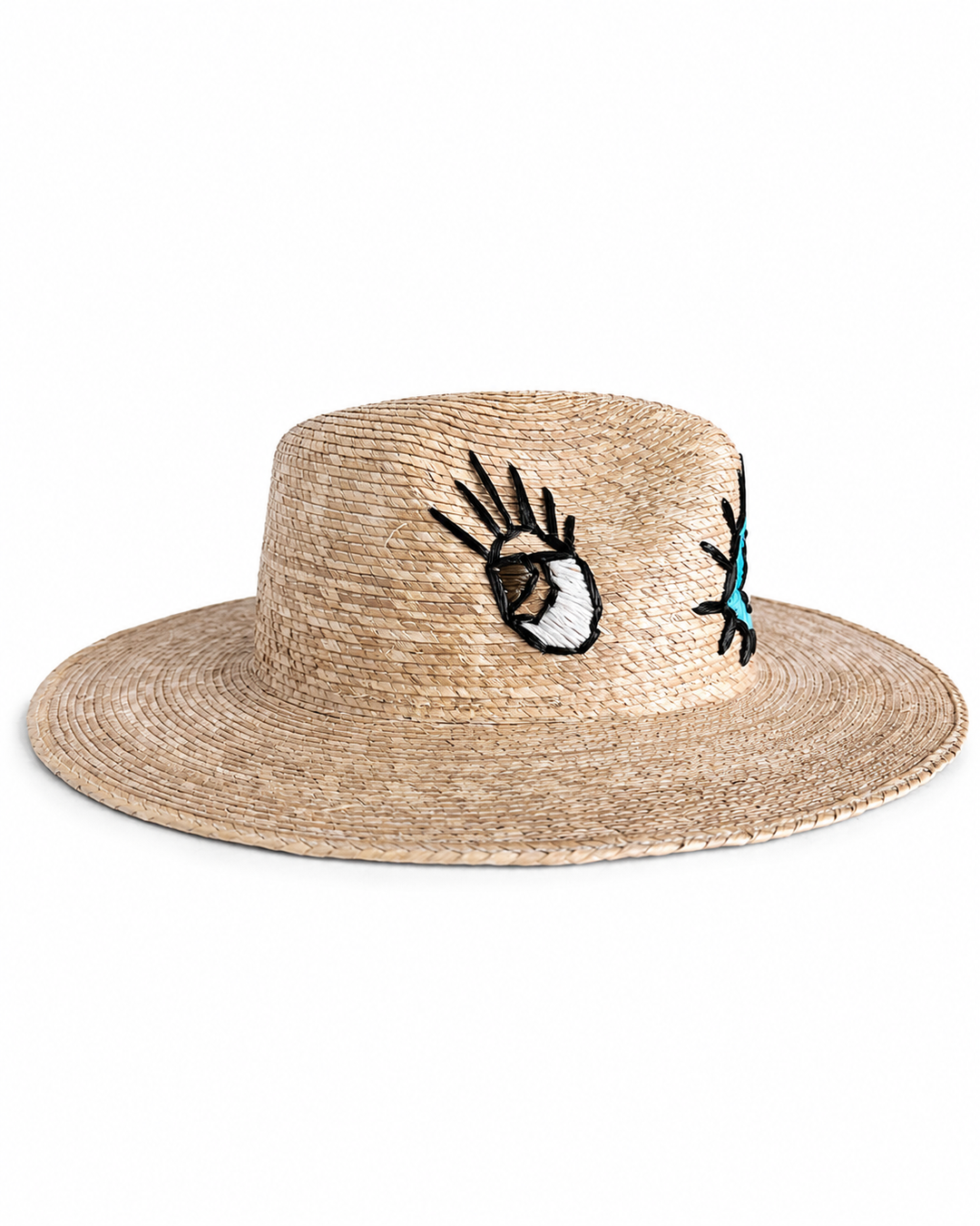 Side view of handmade straw hat with blue embroidered eye design on crown