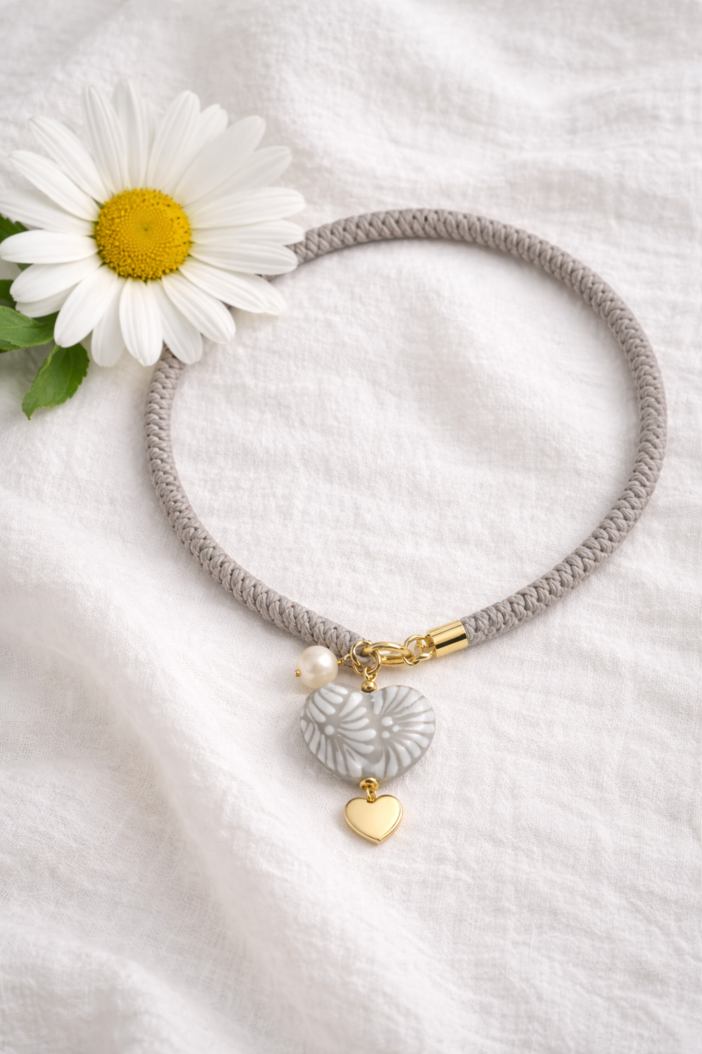 Gray Talavera Heart Pendant Necklace with Pearl