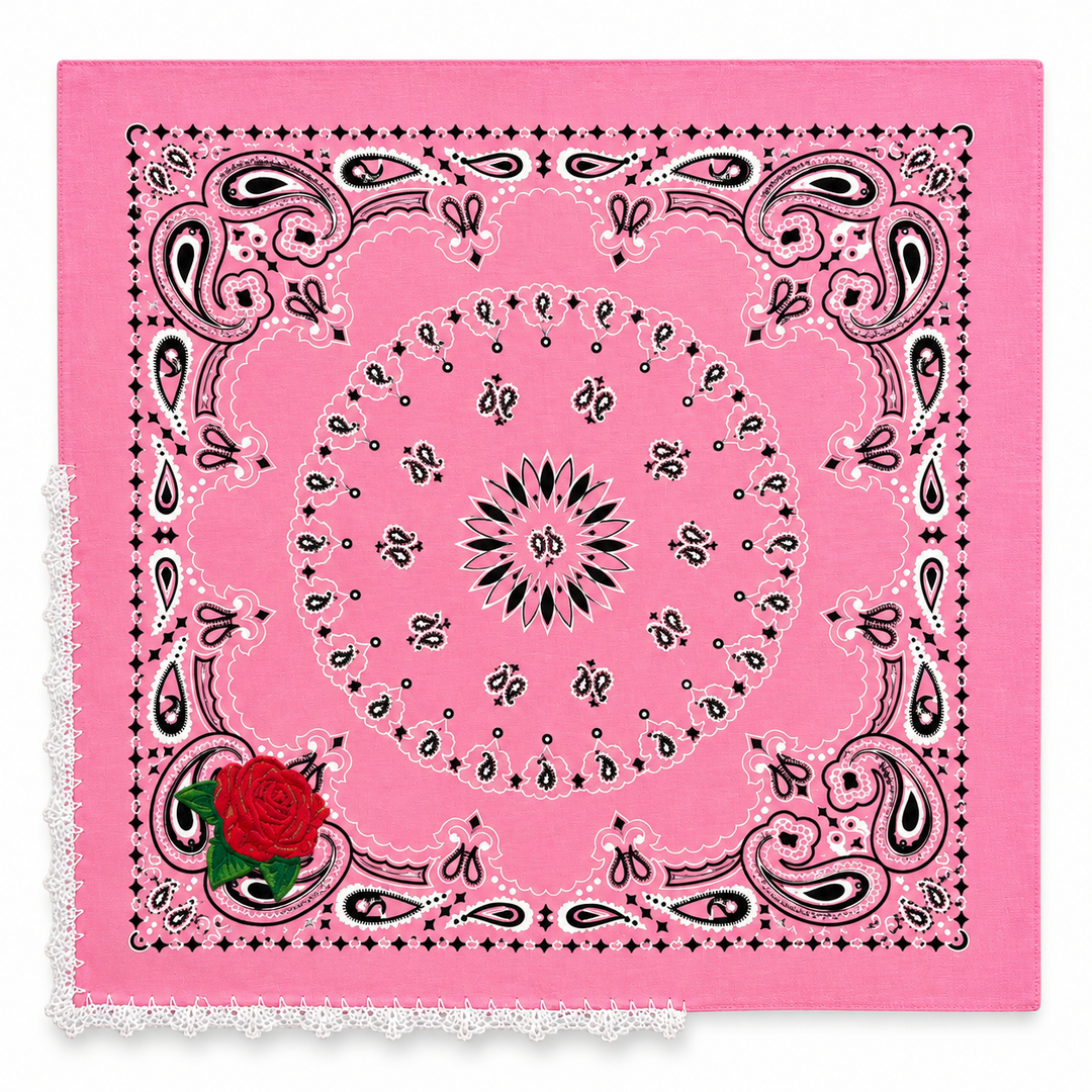 Embroidered Cotton Bandana Blue Paisley Red Rose Crochet Trim Scarf