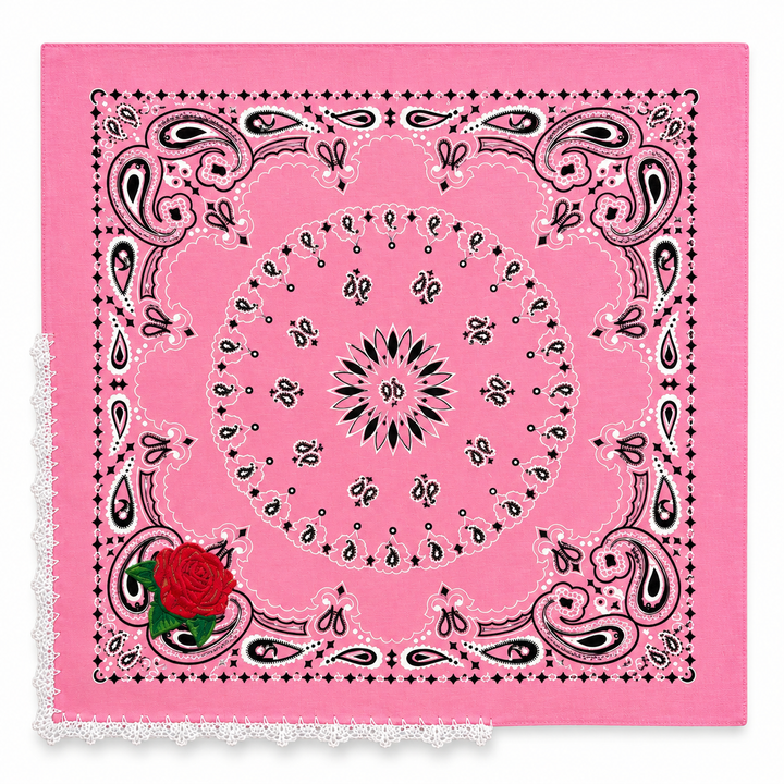 Embroidered Cotton Bandana Blue Paisley Red Rose Crochet Trim Scarf