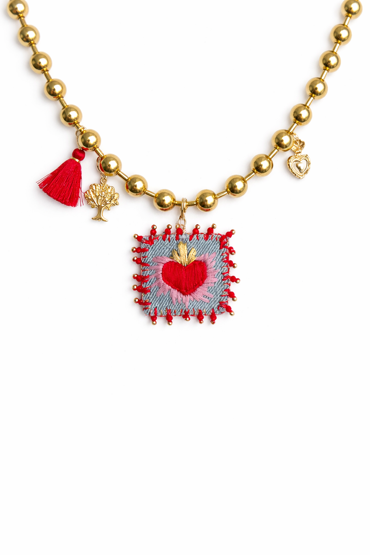 Sacred Heart Embroidered Necklace and Gold Chain