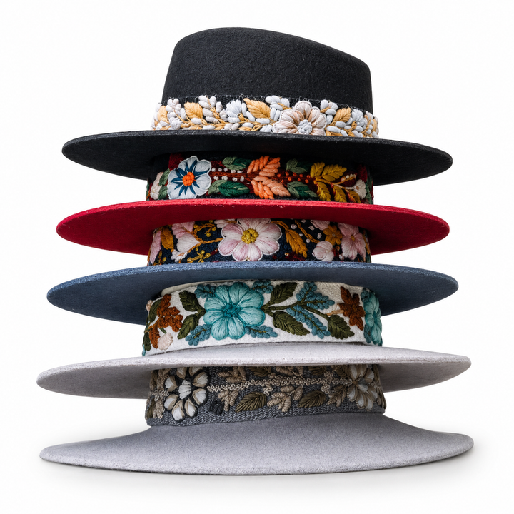 Women’s Wool Felt Fedora Hat with Hand Embroidered Band | Boho Wide Brim Hat