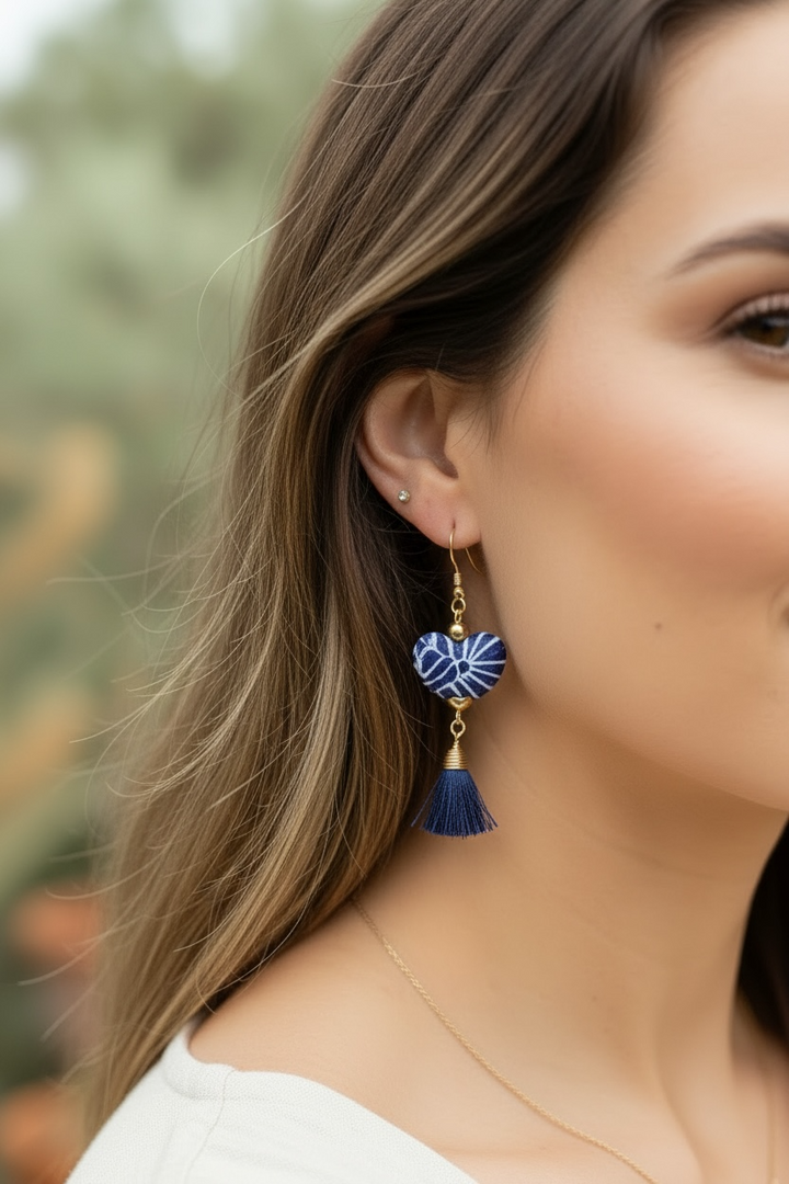 Handmade Blue Talavera Heart Earrings with Tassels from Puebla Mexico