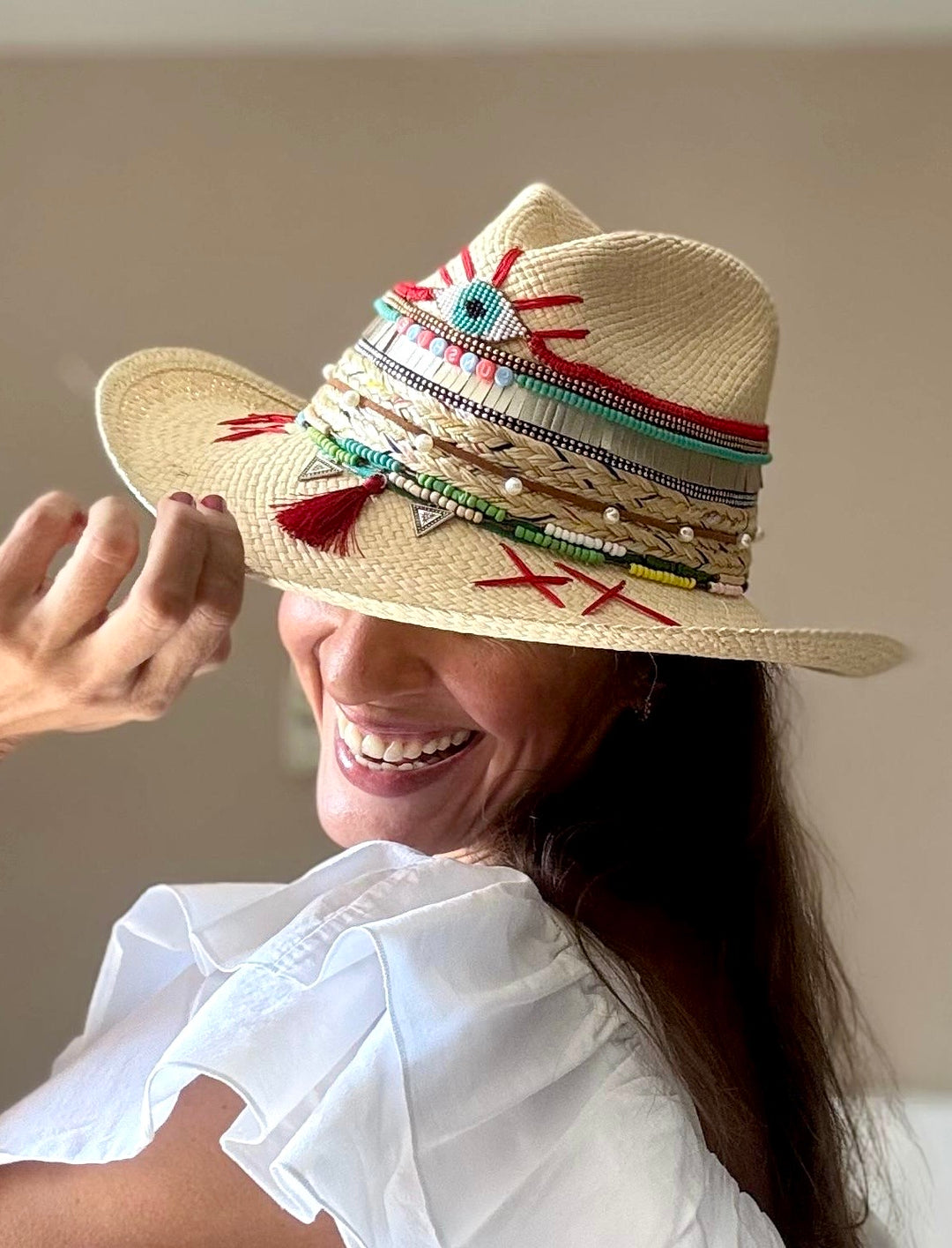 Luxury White Colombian Evil Eye Straw Hat