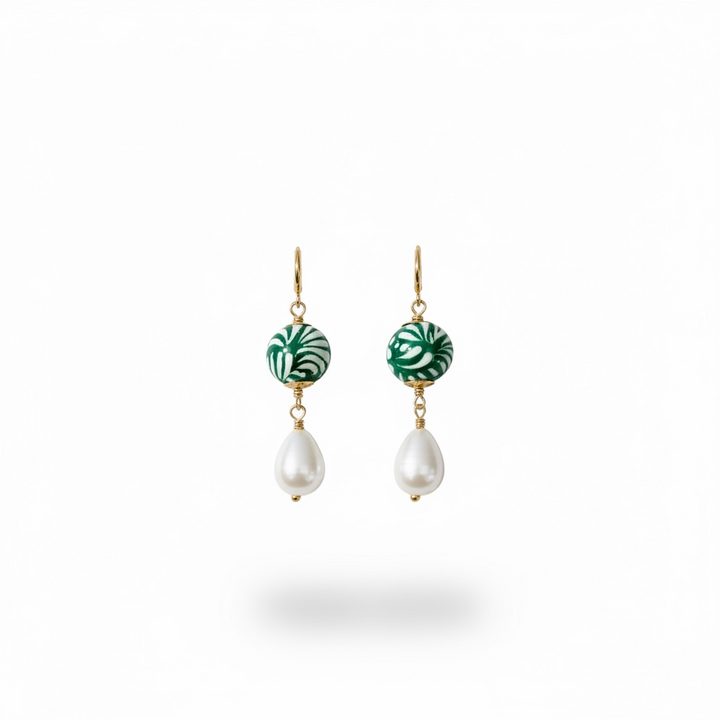 Green Talavera &amp; Pearl Earrings