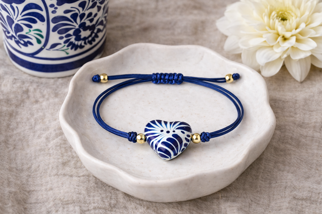 Handmade Talavera Heart Shaped Bracelet in Silky Blue Cord from Puebla, Mexico.