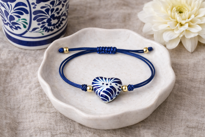Handmade Talavera Heart Shaped Bracelet in Silky Blue Cord from Puebla, Mexico.