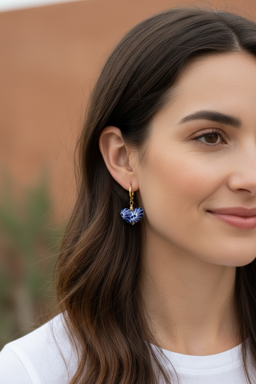 Blue Talavera Heart Earrings from Puebla Mexico