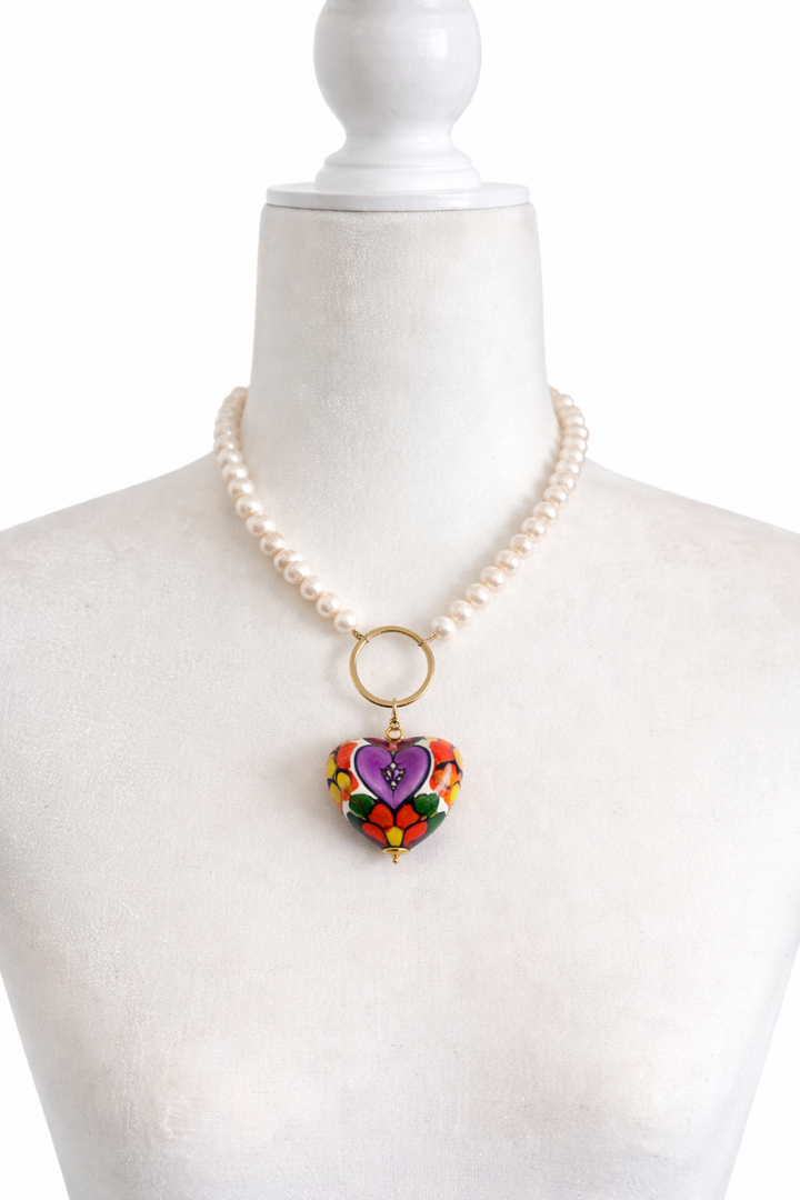 Pearl Necklaces with Talavera Heart Pendants