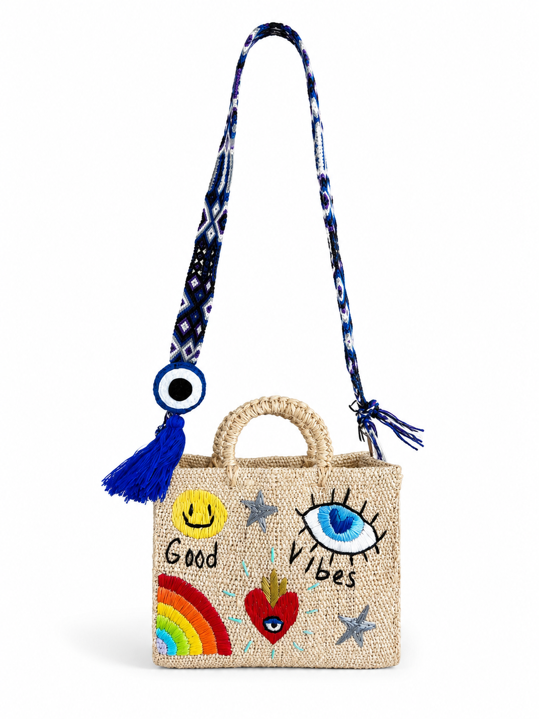 Handmade Mexican Jute Tote Bag with Eye Motif | Colorful Artisan Crossbody Shoulder Bag