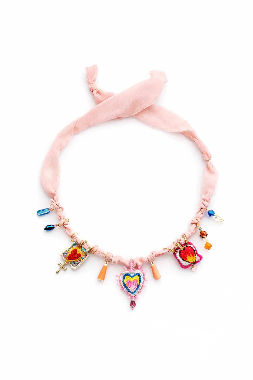     Handmade Milagro Sacred Heart necklace with embroidered textile heart pendants and glass beads by Bootsologie