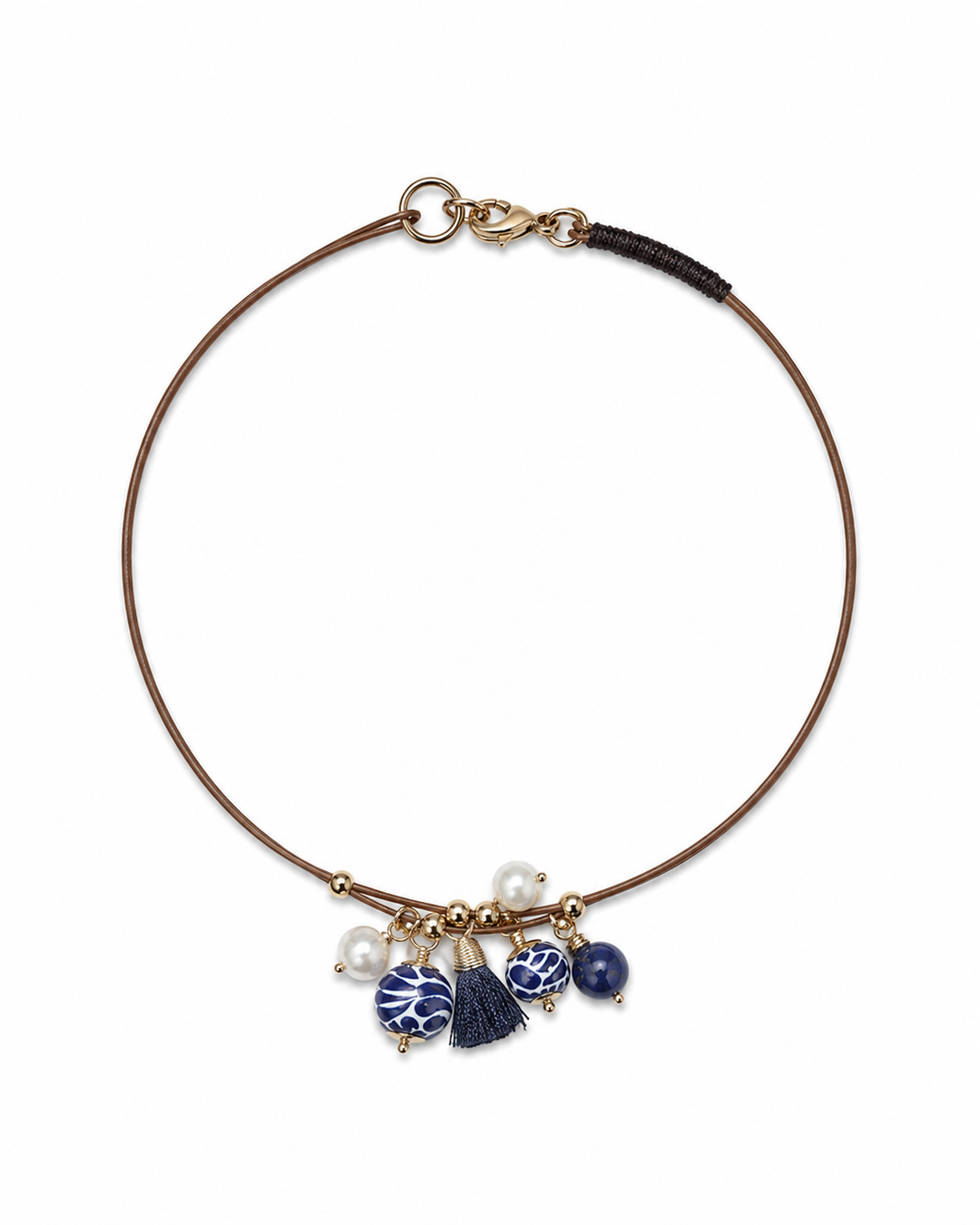  Blue and white Talavera ceramic necklace on leather cord with freshwater pearl accents and gold-tone details