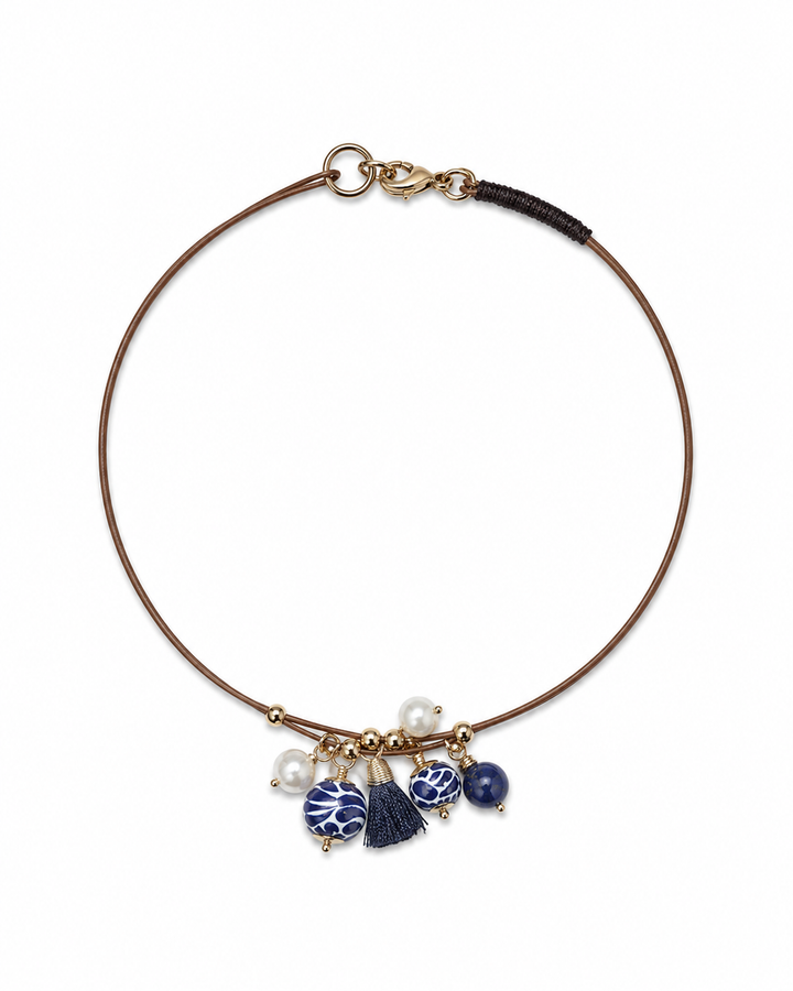  Blue and white Talavera ceramic necklace on leather cord with freshwater pearl accents and gold-tone details