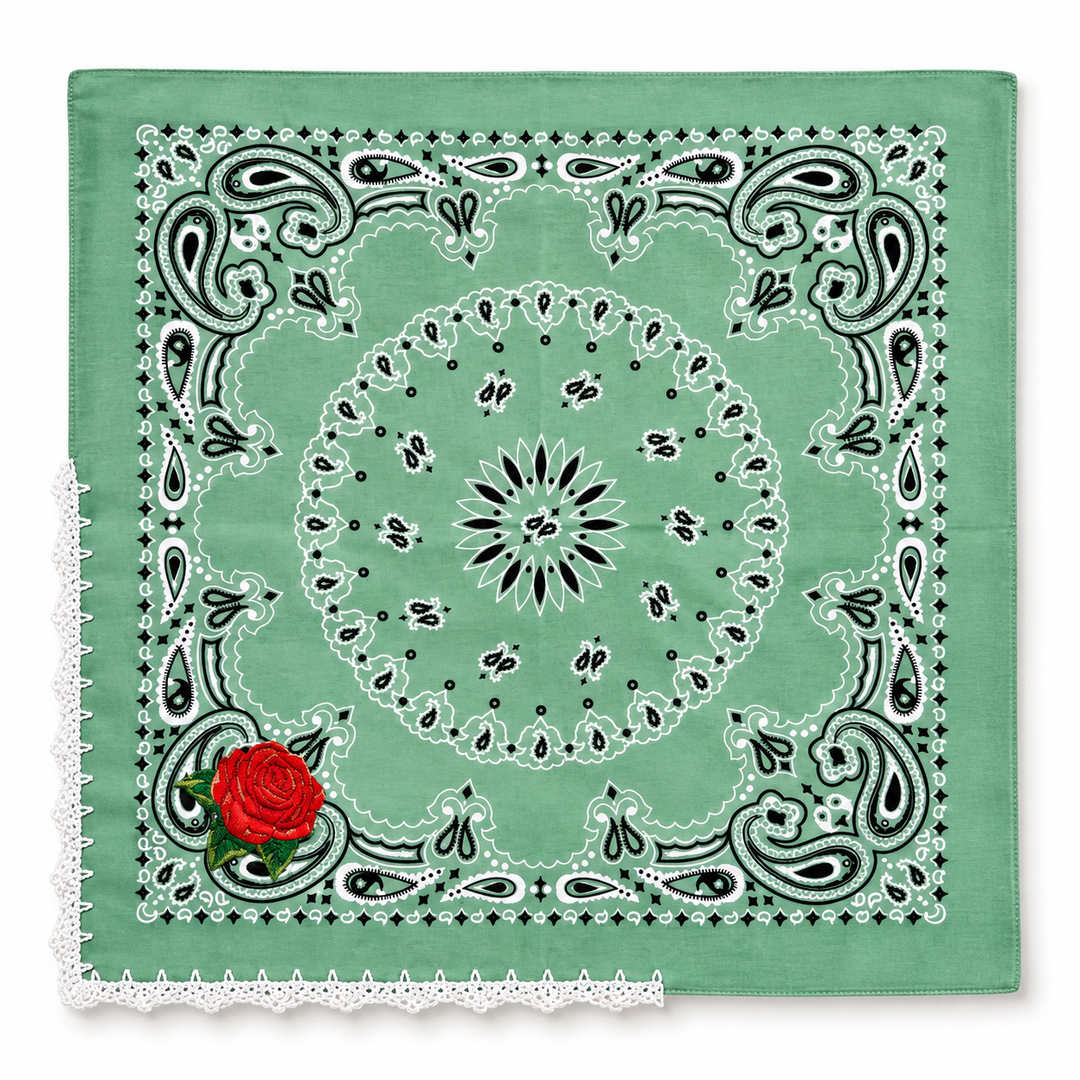 Embroidered Cotton Bandana Blue Paisley Red Rose Crochet Trim Scarf