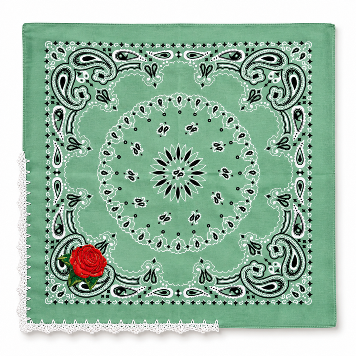 Embroidered Cotton Bandana Blue Paisley Red Rose Crochet Trim Scarf