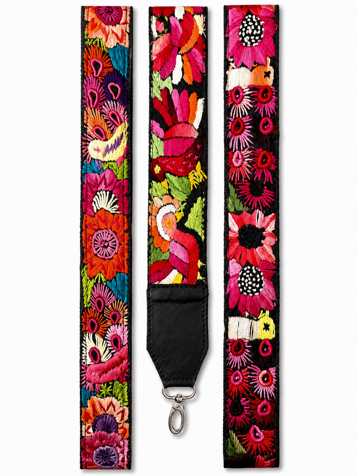 Guatemalan Embroidered Bag Strap with Black Ends