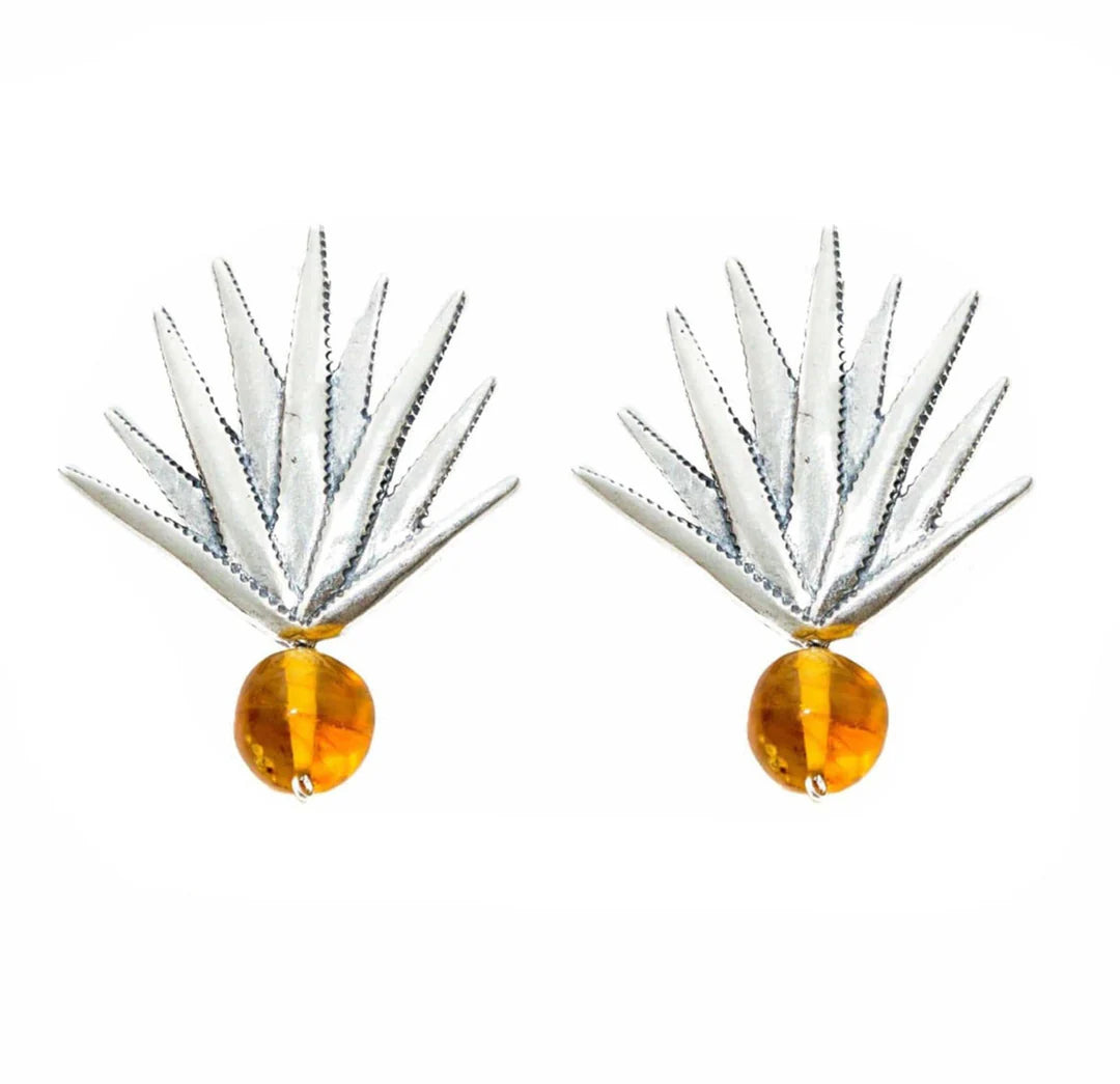 Mexican Silver Agave Earrings with Amber – Nature Inspired Statement Jewelry