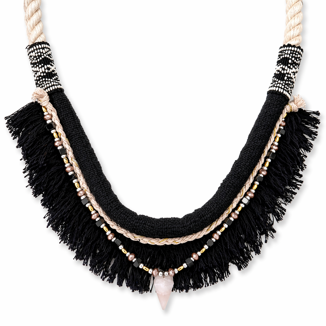 Boho Fringe Statement Necklace – Handmade Textile Bib Necklace