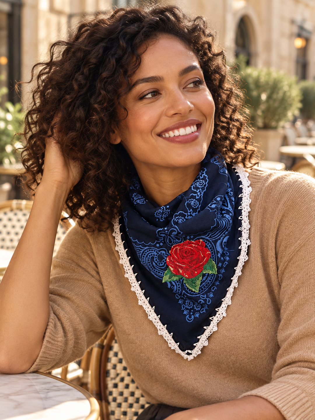 Embroidered Cotton Bandana Blue Paisley Red Rose Crochet Trim Scarf