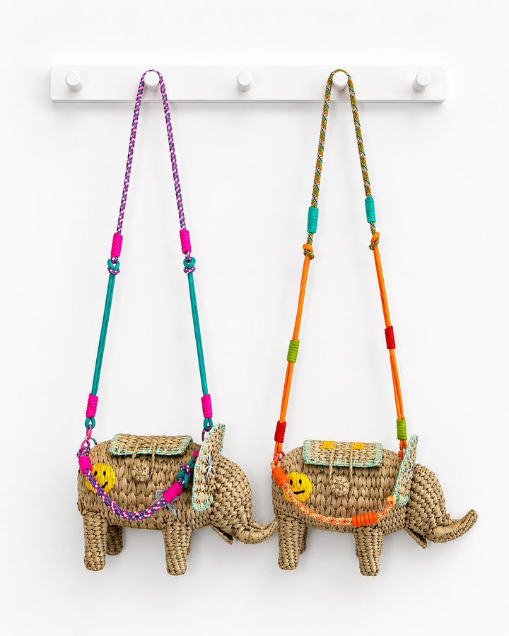 Embroidered Elephant Straw Crossbody Bag