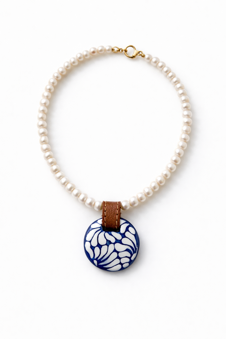 Talavera Pottery Pearl Necklace with Genuine Leather Accents