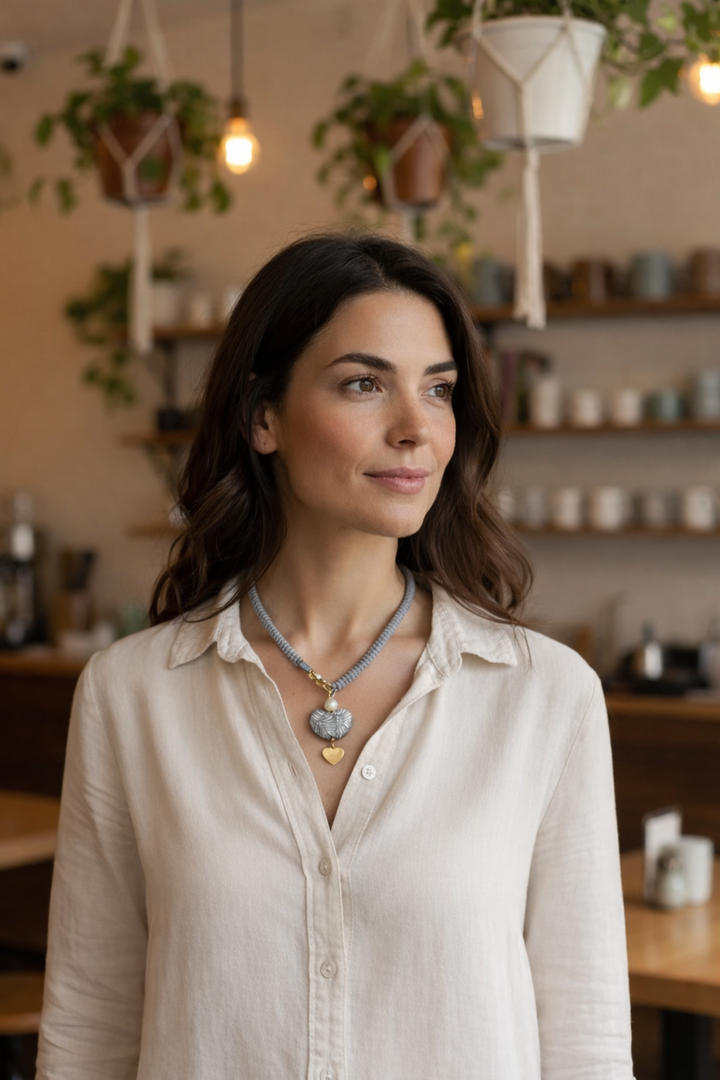 Gray Talavera Heart Pendant Necklace with Pearl