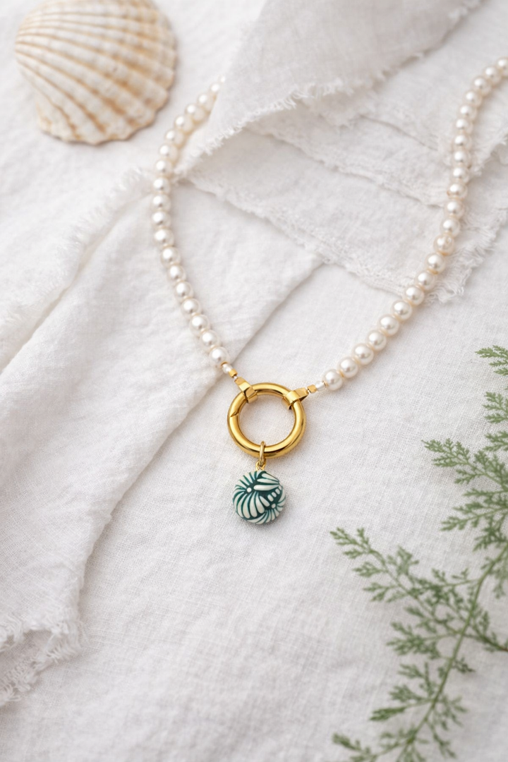 Single Green Talavera Bead &amp; Pearl Necklace